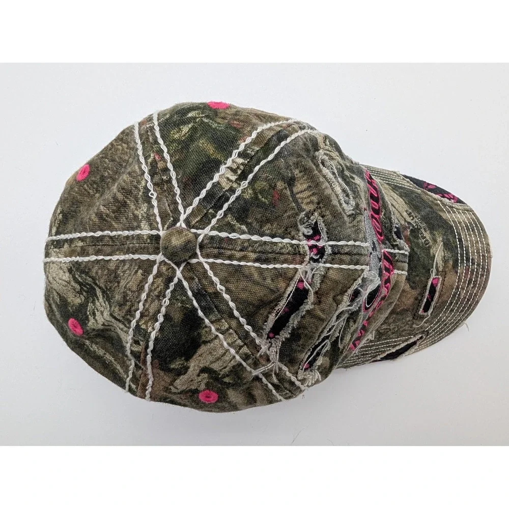 Mossy Oak Camo Distressed Baseball Cap Pink Embroidery Signatures Adjustable Hat
